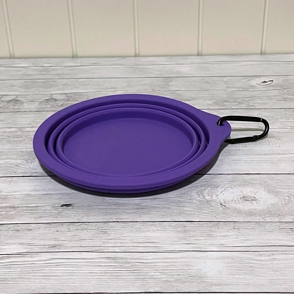 Purple Collapsible Silicone Pet Bowl with Carabiner for Hiking and Travel